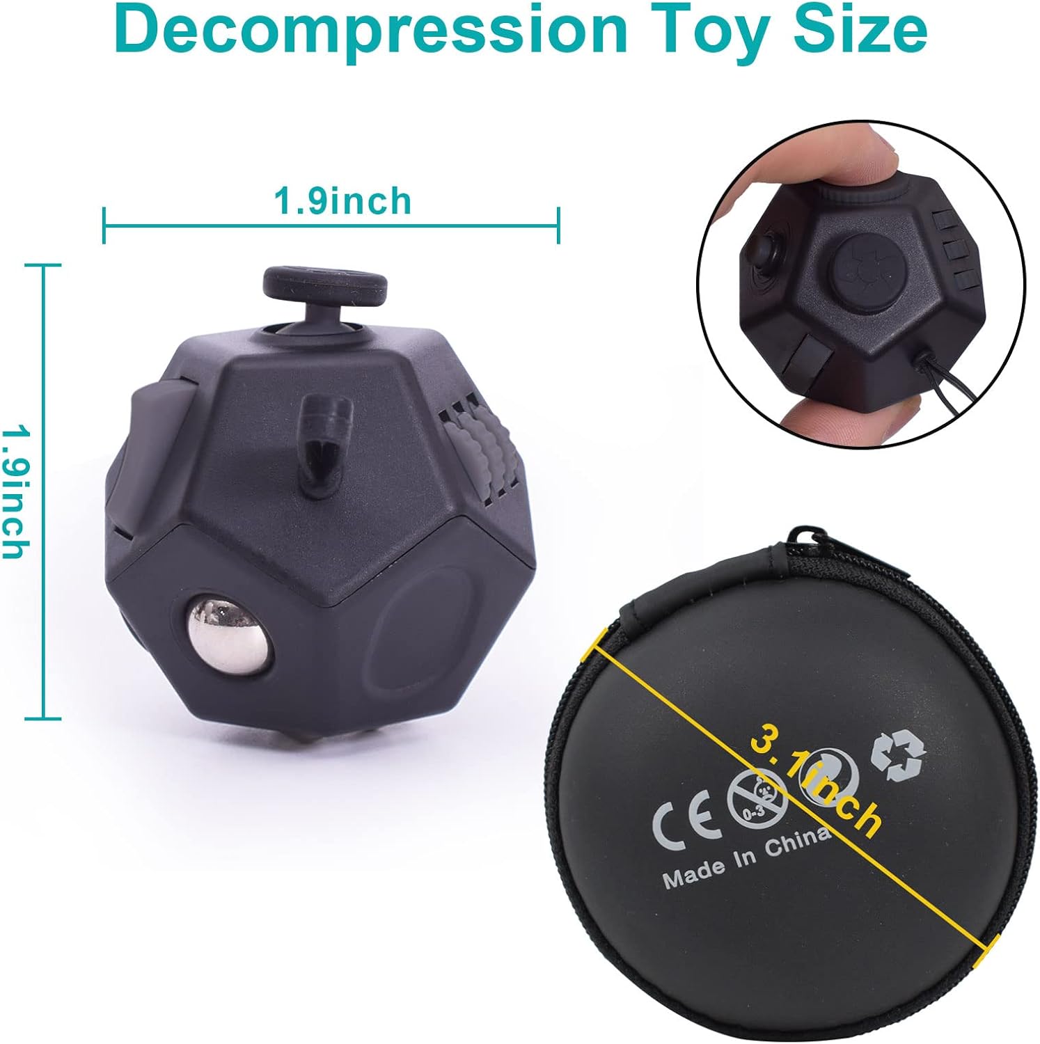 Mini Fidget Toys, Cool Black 12 Sided Fidgets Toy Cubes for Kids Adults with Anxiety ADHD Autism