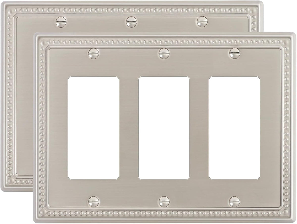 2-Pack Triple Decorator Outlet Cover Plate, Brushed Nickel Pearls Decorative Switch Plates and