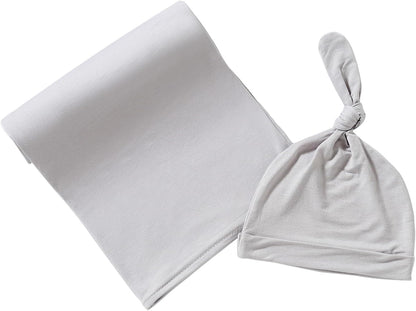 iEvolve Cotton Knitted Baby Swaddle Blanket with Hat Headband Set Newborn Swaddle Wrap Receiving