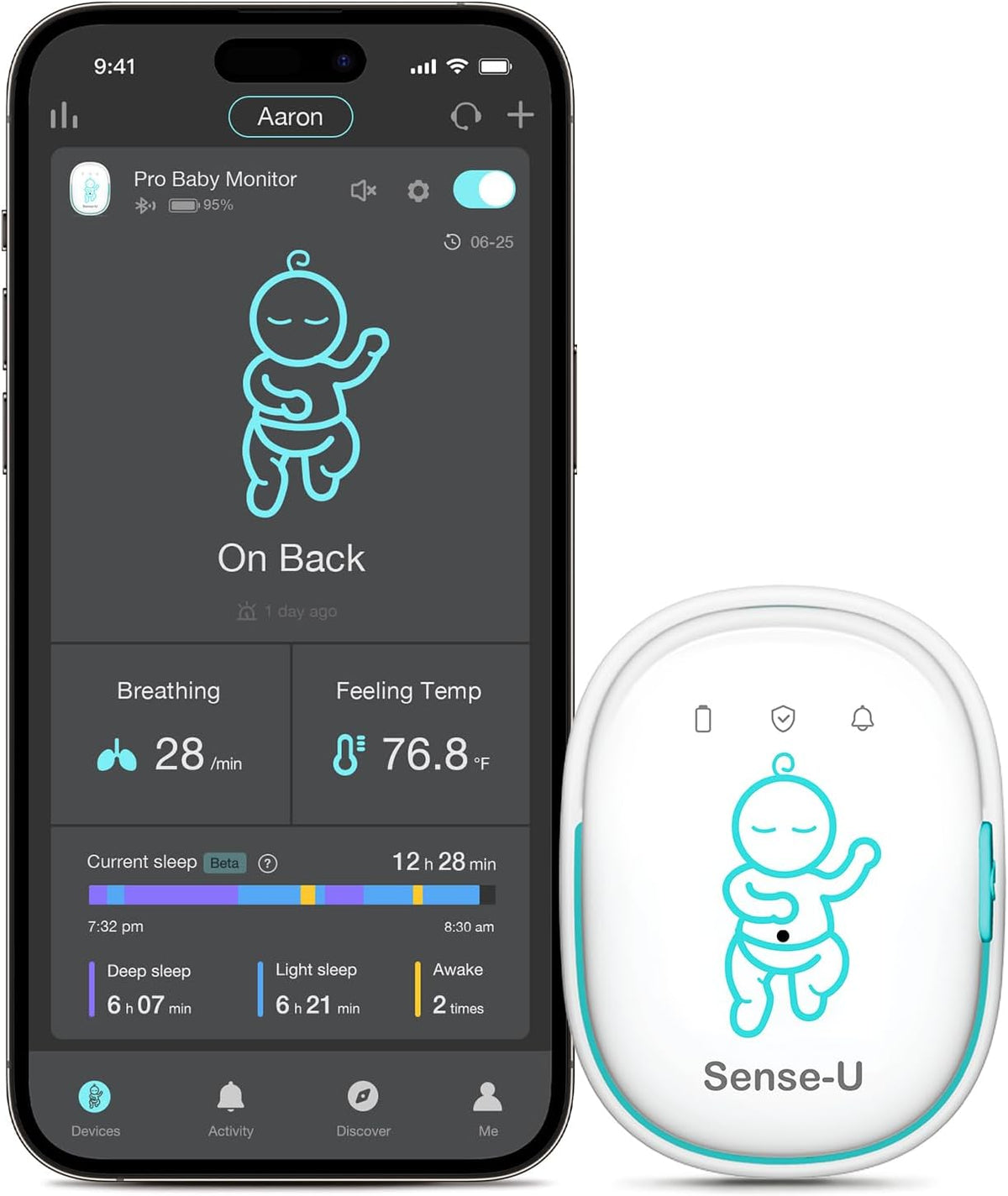 Sense-U Smart Baby Monitor Pro with Arousal Vibration, Audible and App Alerts: Tracks Abdominal