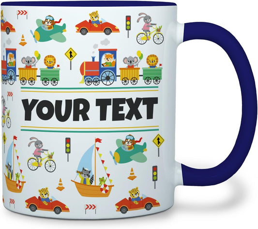 Personalized Mug for Kids - Vehicles - Custom Name/Text, Ceramic Hot Chocolate/Cocoa/Coffee Cup for