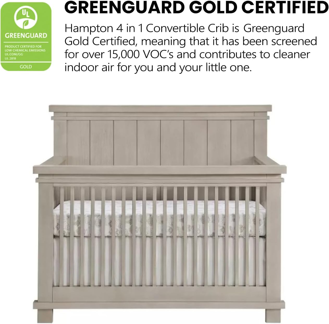 Soho Baby Hampton Premium 4-in-1 Convertible Crib, Flat-Top Headboard, Smooth Stone Wash
