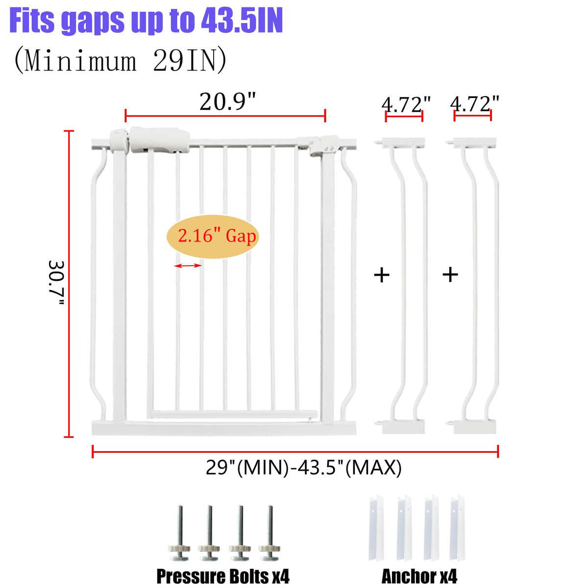 Walk Through Baby Gate 29-43.5 Inch Wide for Stairs Tension Pet Dog Gates Indoor for Doorways No