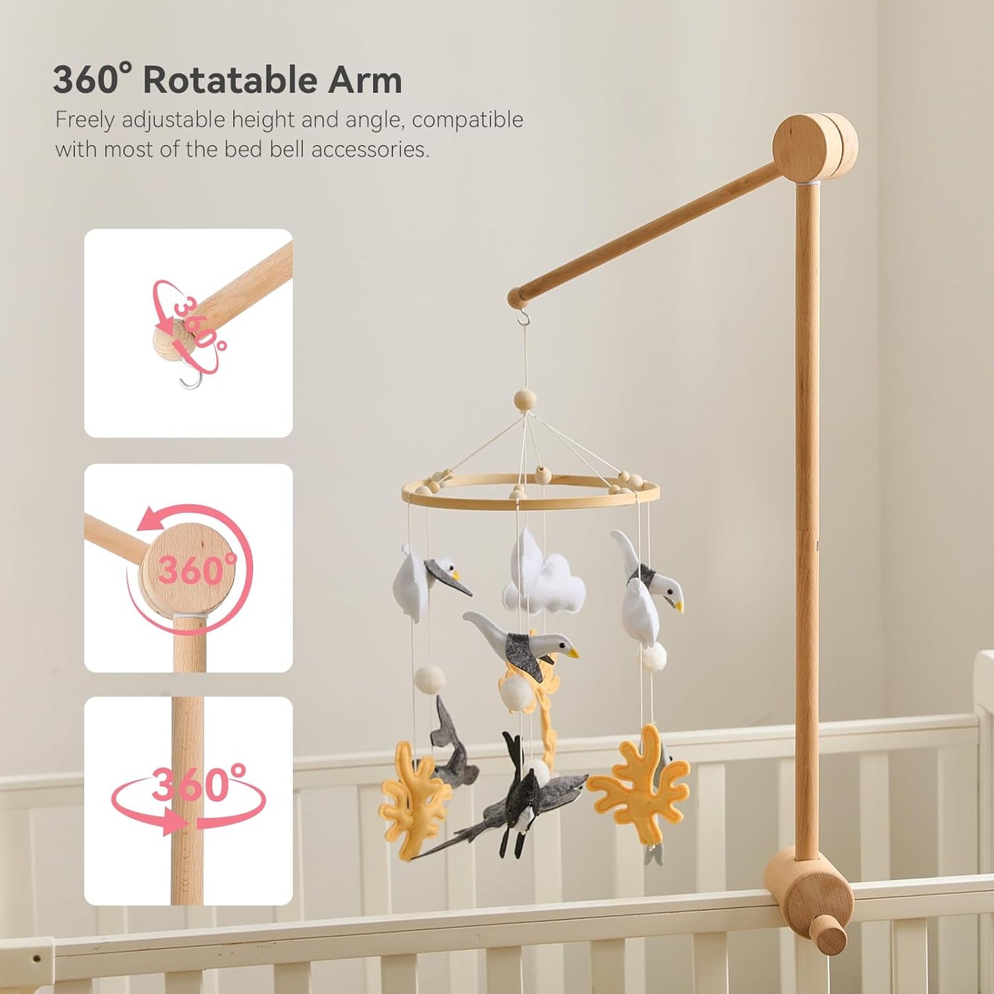 HI BABY MONMENT Crib Mobile Arm - Baby Mobile Hanger with 360° Vertical Adjustment, Stabilizing