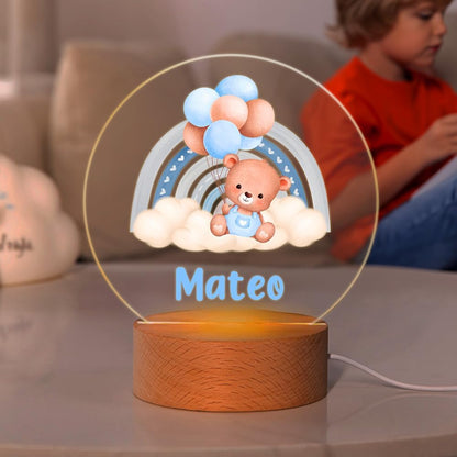 callie Acrylic Night Light Name Plate Personalized, Custom Cute Sleep Bear with Wooden Base Bedroom