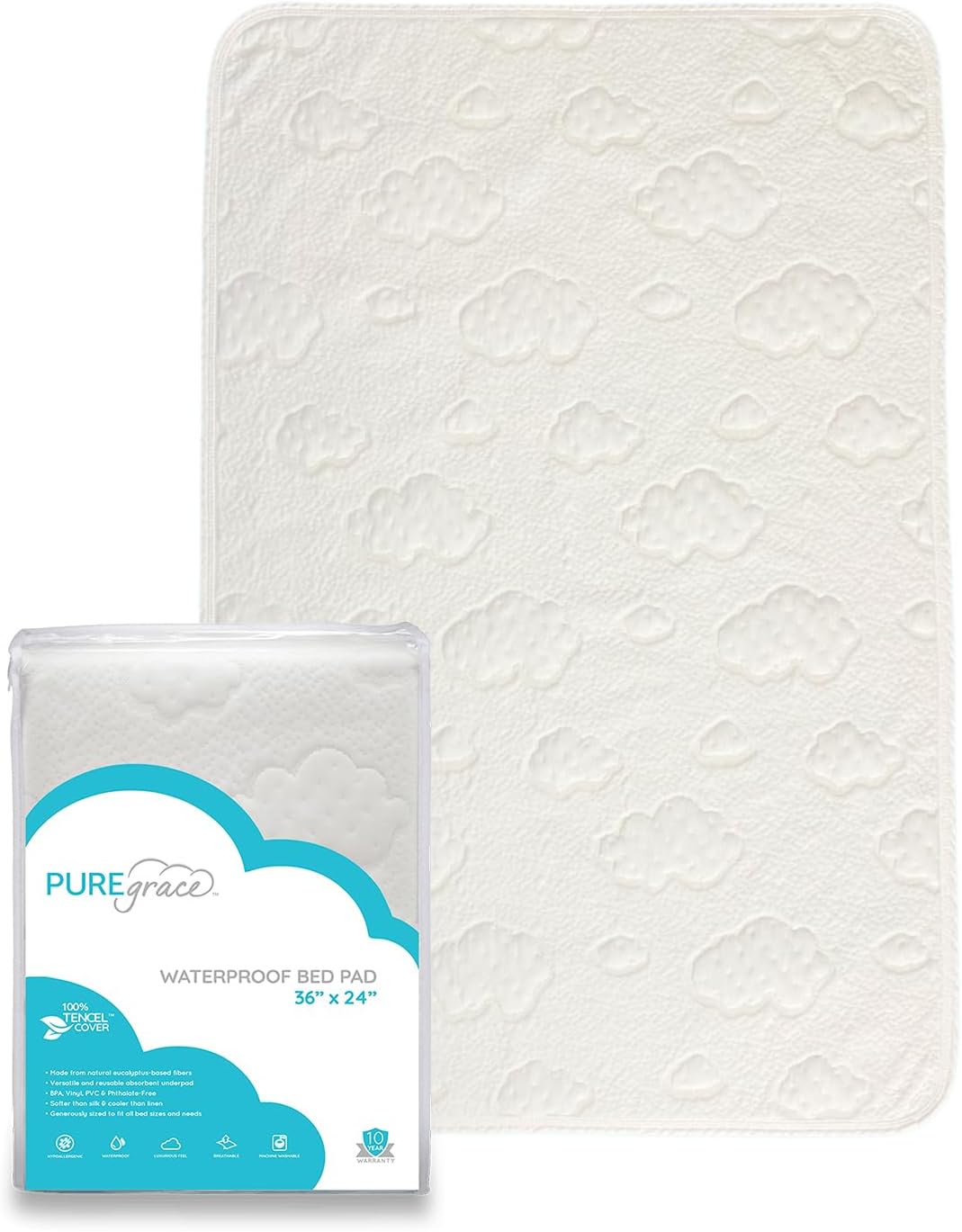 PUREgrace Tencel Waterproof Bed Pad - (36” x 24”) Washable and Reusable for Incontinence and Potty
