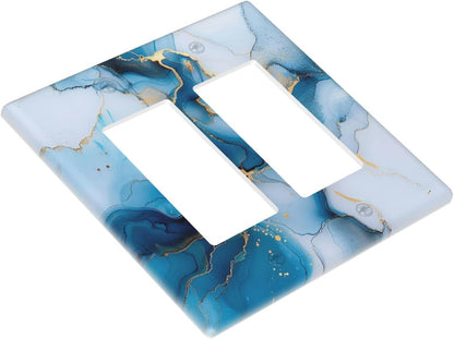 Decorative Outlet Covers Modern Abstract Blue Gold Line Marble 2 Gang Wall Plate Double Rocker Two