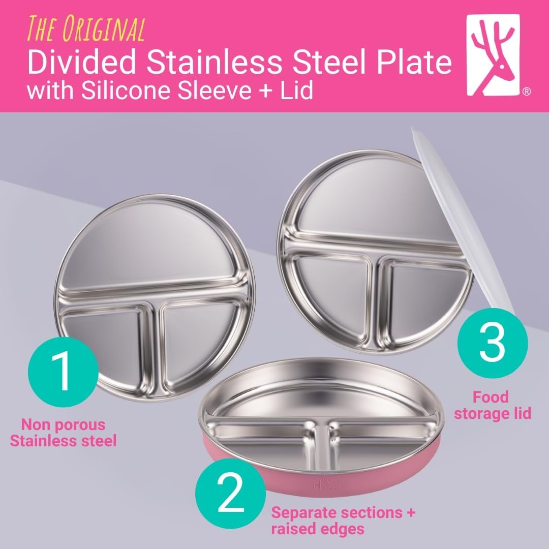 Stainless Steel Divided Plates + Silicone Sleeve and Storage Lid | Baby, Toddler, Kids | Dinner &