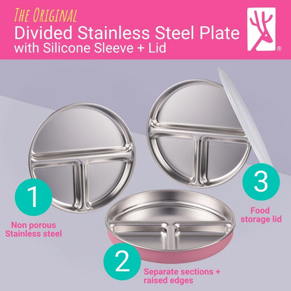 Stainless Steel Divided Plates + Silicone Sleeve and Storage Lid | Baby, Toddler, Kids | Dinner &