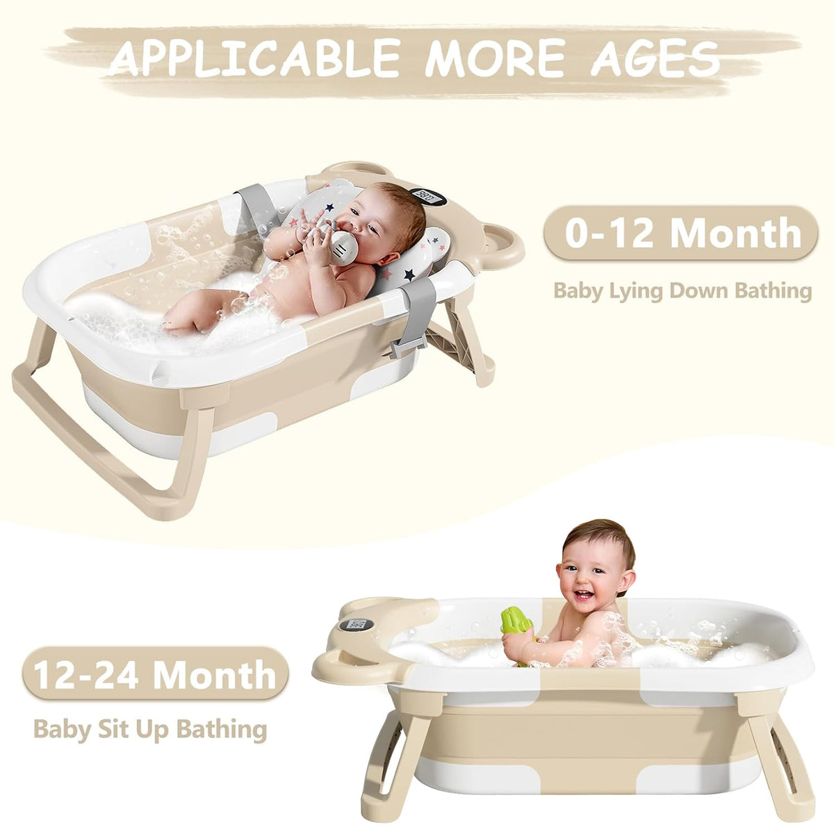 MoreFeel Collapsible Baby Bathtub for Newborn with Thermometer & 1 Hooded Towel & 1 Soft Floating