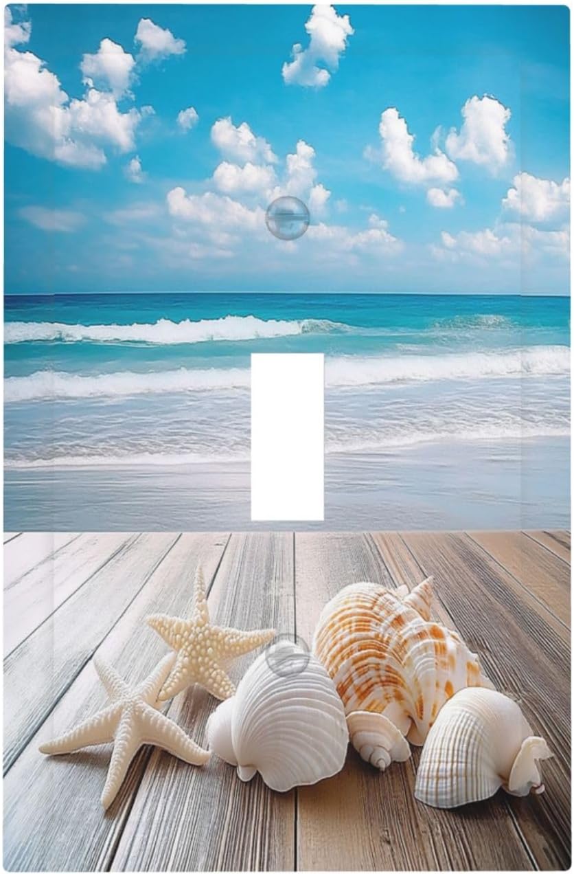 Decorative Light Switch Cover Beach Waves Brown Wood Starfish Shells 1 Gang Single Toggle Device
