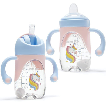 hahaland Sippy Cups for Baby 6-12 Months - 2 in 1 Spout & Straw Unicorns Sippy Cups for Toddlers