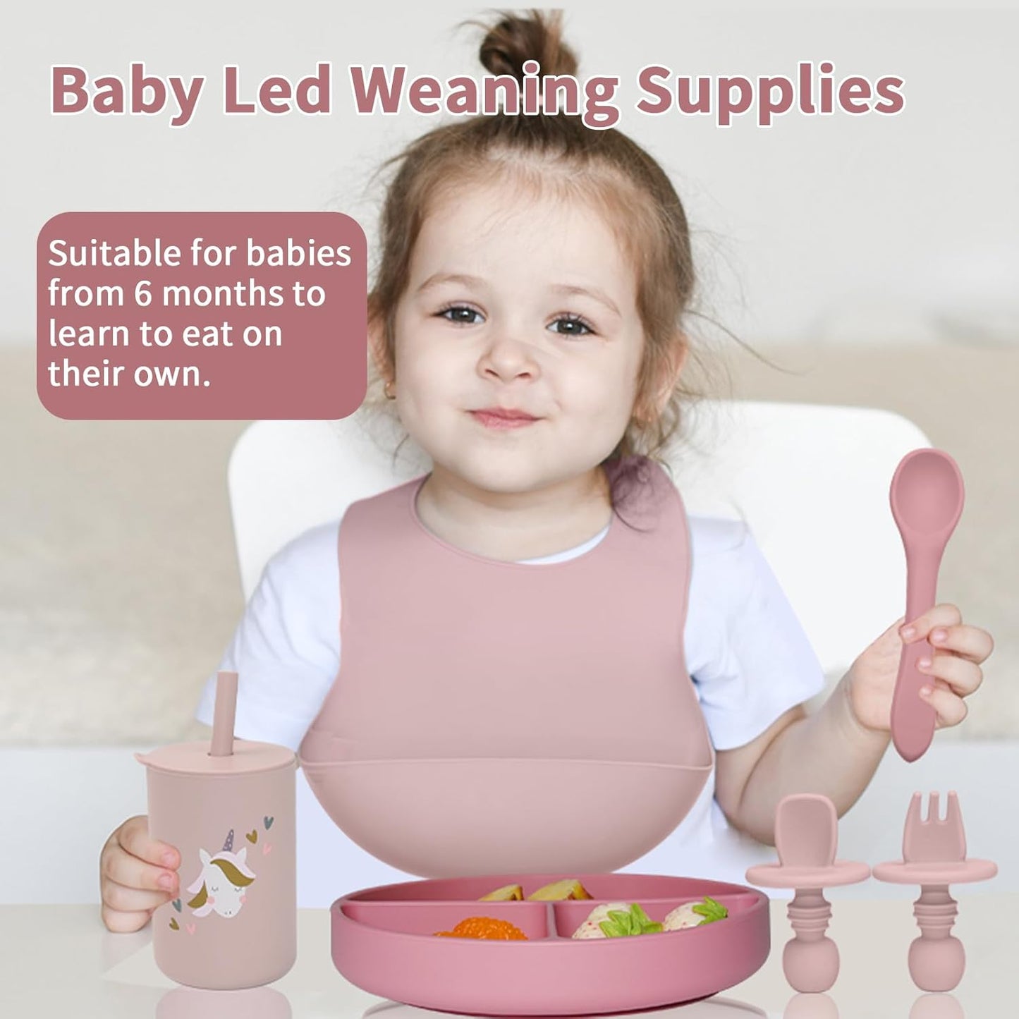 Silicone Baby Feeding Set, Baby Led Weaning Supplies, Baby Spoons Suction Divided Plate Bib Cup