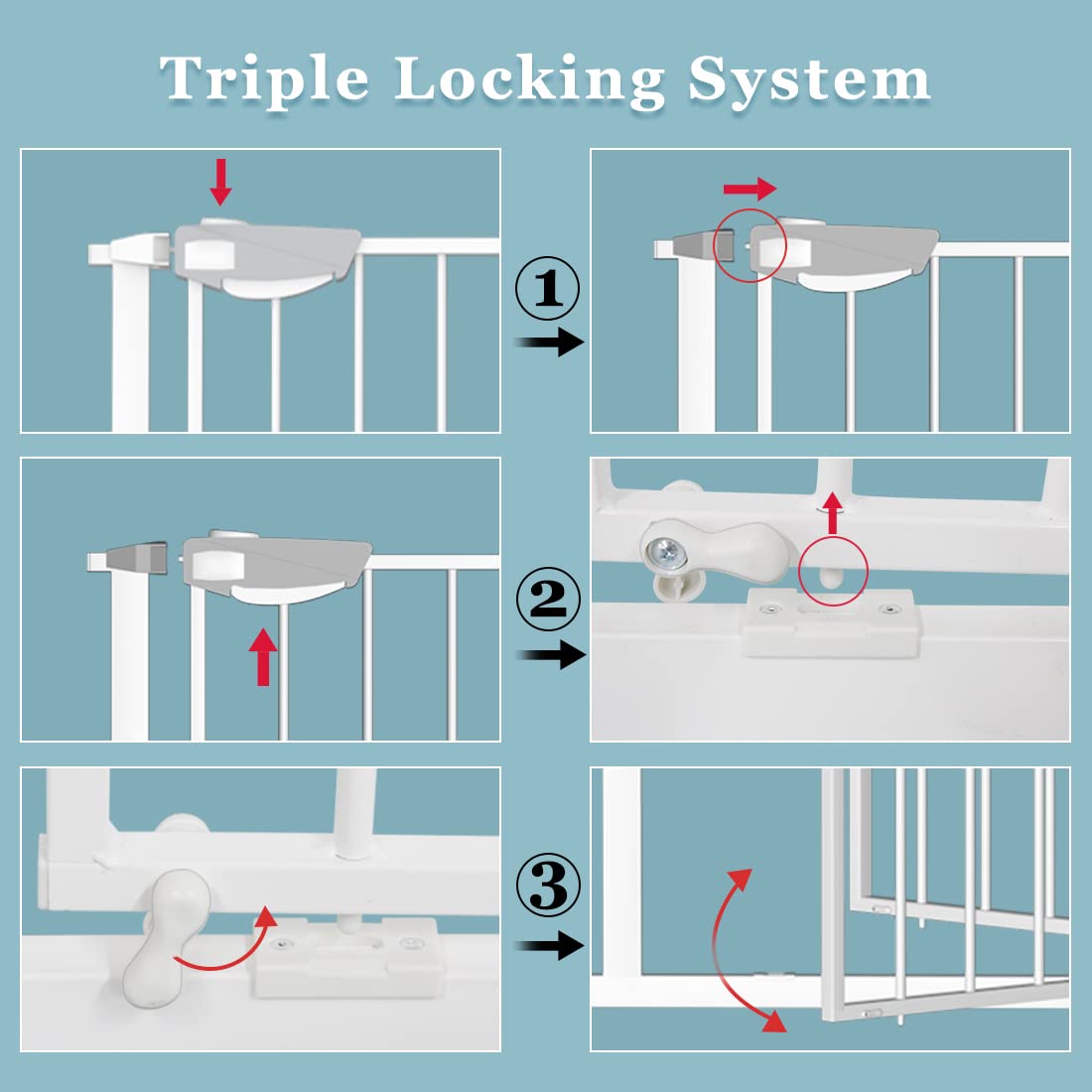 WAOWAO Triple Lock Baby Gate Extra Wide 67.32-72.04" Pressure Mounted Walk Through Swing Auto Close