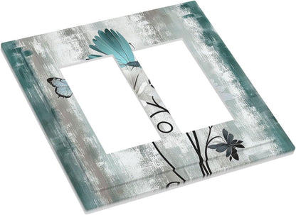 Decorative Outlet Covers Rustic Teal Daisy Floral Flowers Butterfly Wood Grain 2 Gang Double GFCI