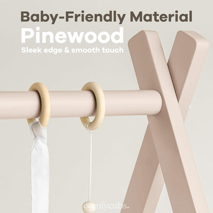 Comfy Cubs Wooden Baby Play Gym - Natural Finish Pinewood Baby Activity Gym with 5 Sensory Hanging