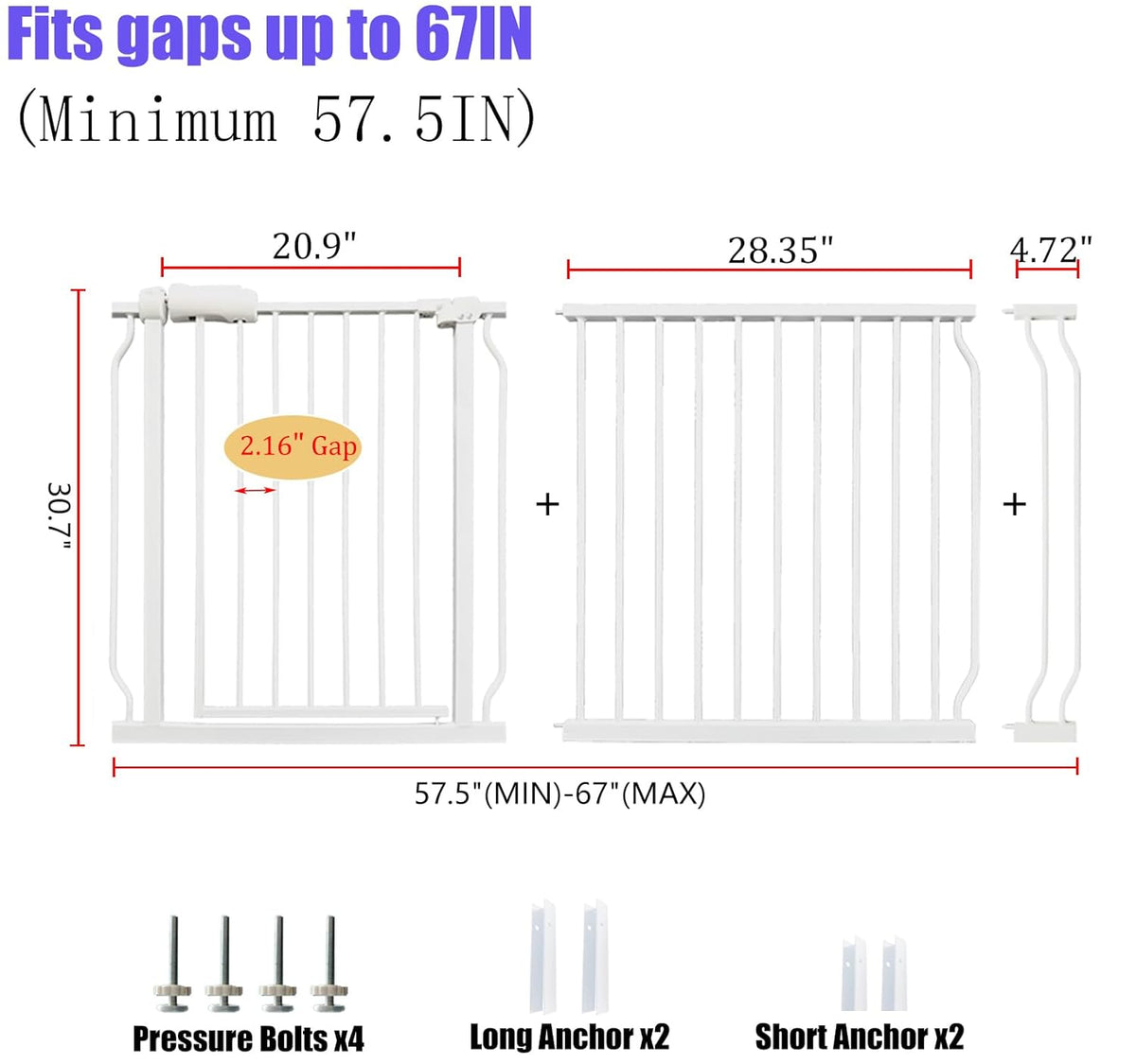 Extra Wide Baby & Dog Gate 62-67 Inch, Pressure Mounted No Drilling, Adjustable Indoor Safety Gate