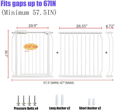 Extra Wide Baby & Dog Gate 62-67 Inch, Pressure Mounted No Drilling, Adjustable Indoor Safety Gate
