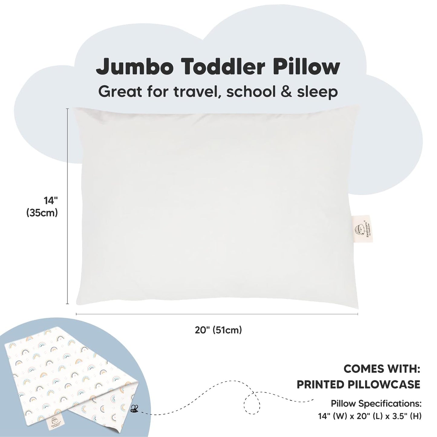 KeaBabies Toddler Pillow with Pillowcase, Jumbo 14X20 - Soft Organic Cotton Toddler Pillows for