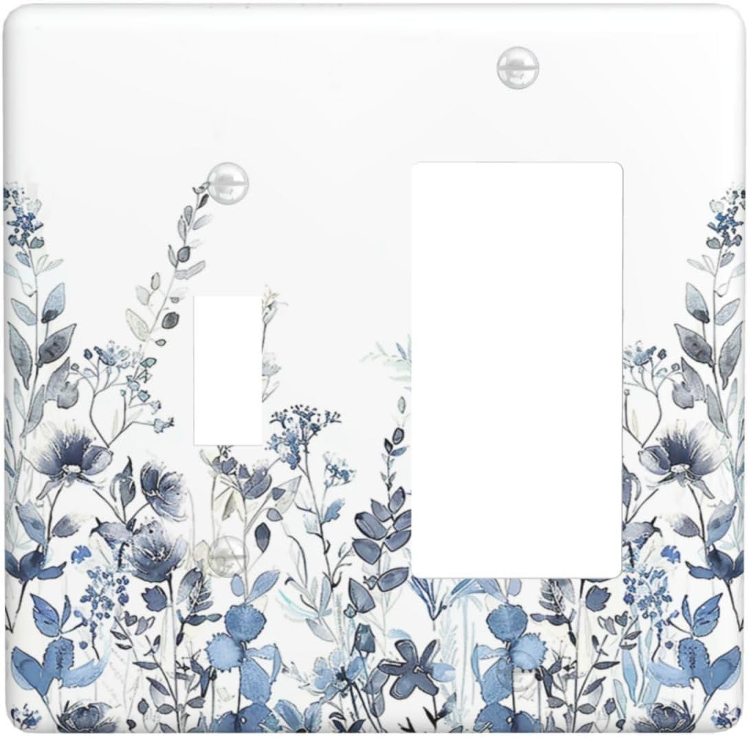 Outlet Covers Light Blue Watercolor Leaves Plant With Floral 1 Toggle 1 Rocker Combination