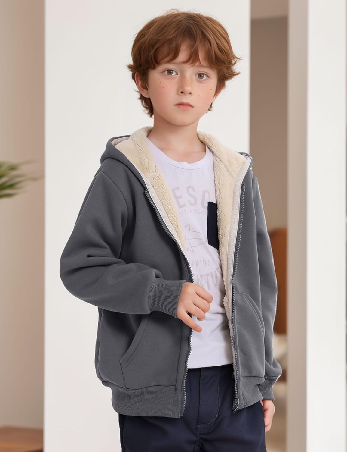 Gihuo Unisex Boy's Girls Winter Warm Sherpa Lined Zip Up Sweatshirt Fleece Jacket Kid's Hoodie