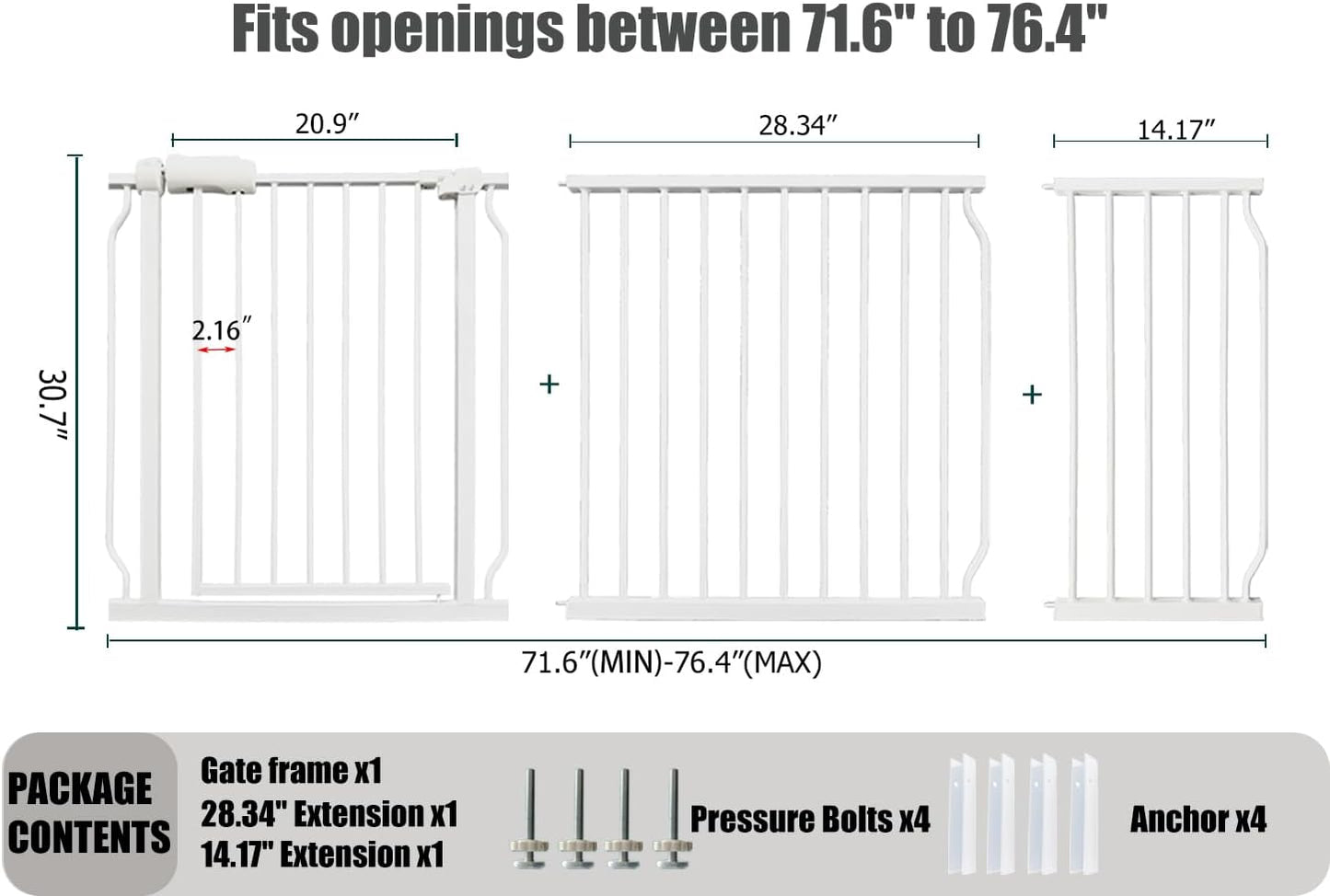 Extra Wide Baby Gates - 71.6-76.4 Inch, Heavy Duty Baby & Pet Safety Gate, White Metal, Tension