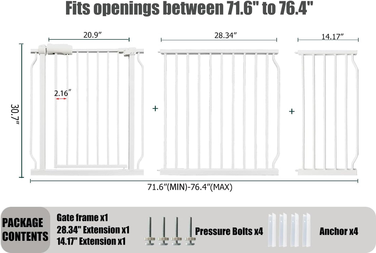 Extra Wide Baby Gates - 71.6-76.4 Inch, Heavy Duty Baby & Pet Safety Gate, White Metal, Tension