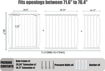 Extra Wide Baby Gates - 71.6-76.4 Inch, Heavy Duty Baby & Pet Safety Gate, White Metal, Tension