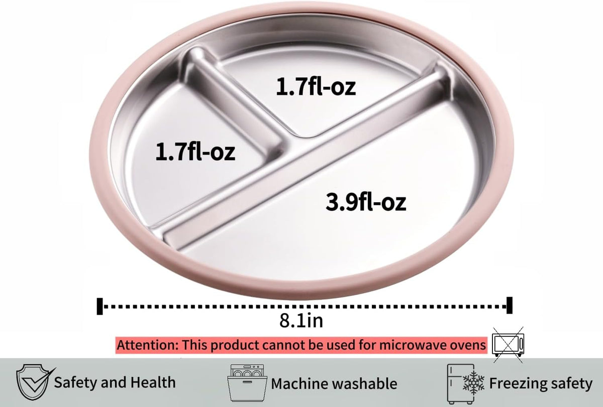 3Pack Stainless Steel Kids Plates, 8.1" Divided Toddler Plates with Removable Silicone Suction