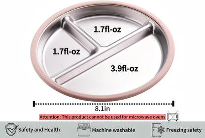3Pack Stainless Steel Kids Plates, 8.1" Divided Toddler Plates with Removable Silicone Suction