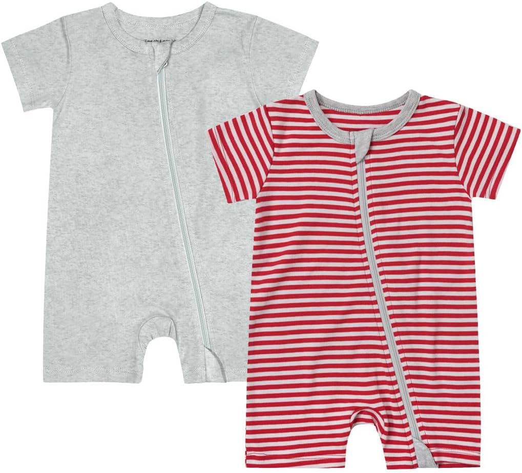 Teach Leanbh Unisex Baby 2 Pack Pajamas Cotton Short Sleeve 2 Way Zipper Stripe Soild Romper