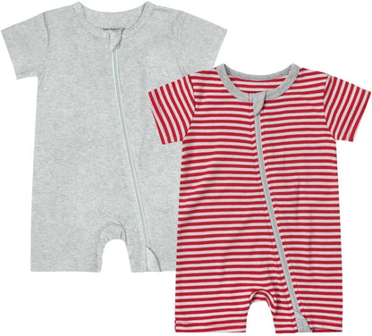 Teach Leanbh Unisex Baby 2 Pack Pajamas Cotton Short Sleeve 2 Way Zipper Stripe Soild Romper