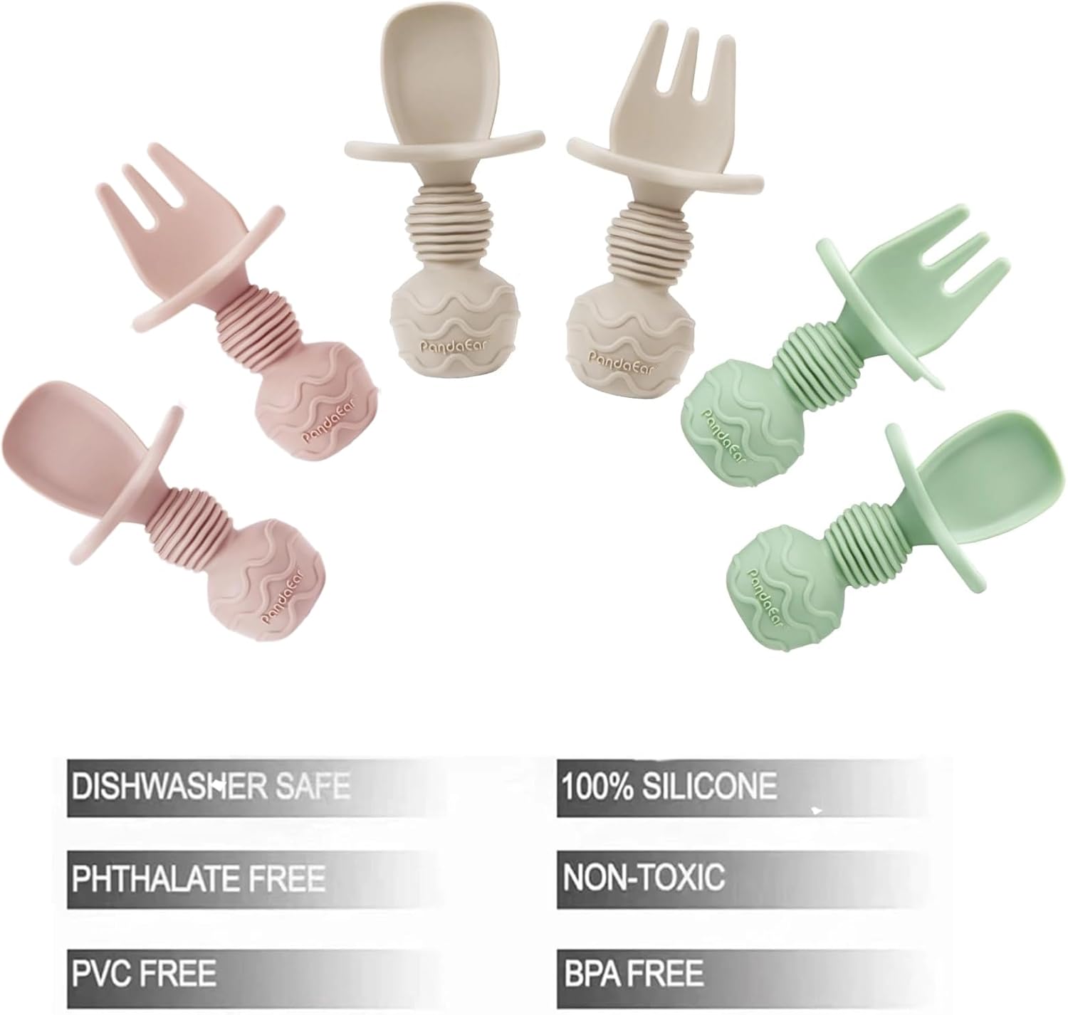 PandaEar 6 Pack Silicone Baby Spoons and Fork Feeding Set- Anti-Choke First Self Feeding Utensils