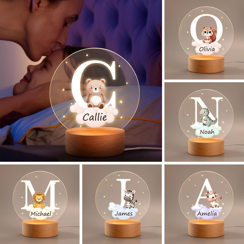 callie Acrylic Night Light Name Plate Personalized, Custom Cute Forest Animals with Wooden Base