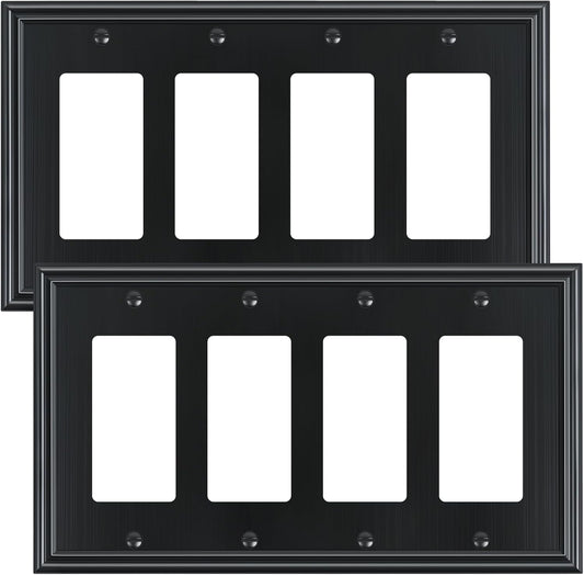 2-Pack Quad Decorator Outlet Cover Plate, Zinc Alloy Decorative Black Switch Plates and Outlet