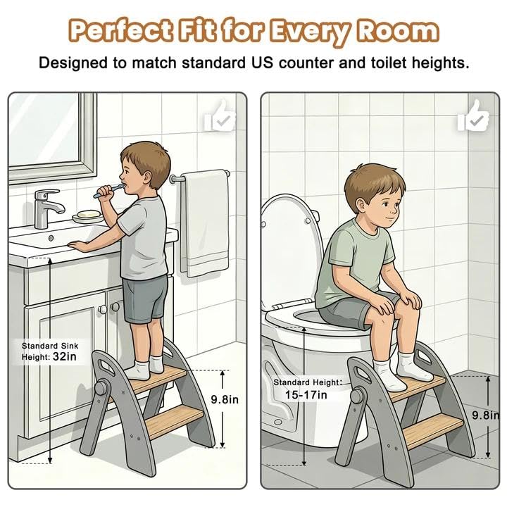 Reeple Wooden 2 Step Stool for Toddlers, Foldable 2-Step with Non-Slip Pads and Handles, Bamboo
