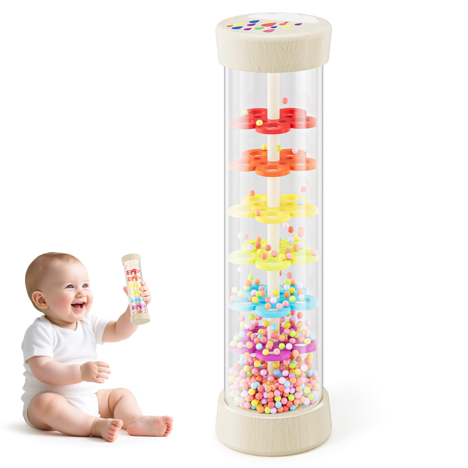 Rain Stick, Montessori Baby Toys for 6-12 Months 1 Year Old, Wooden Rainmaker Baby Rattle Sensory