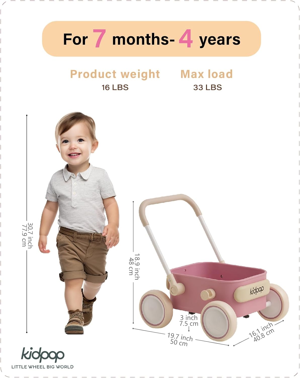 PULA Baby Push Walker with Wheels Toddler Wagon for First Learner Baby Toys 6-12 Months, 1 Year Old