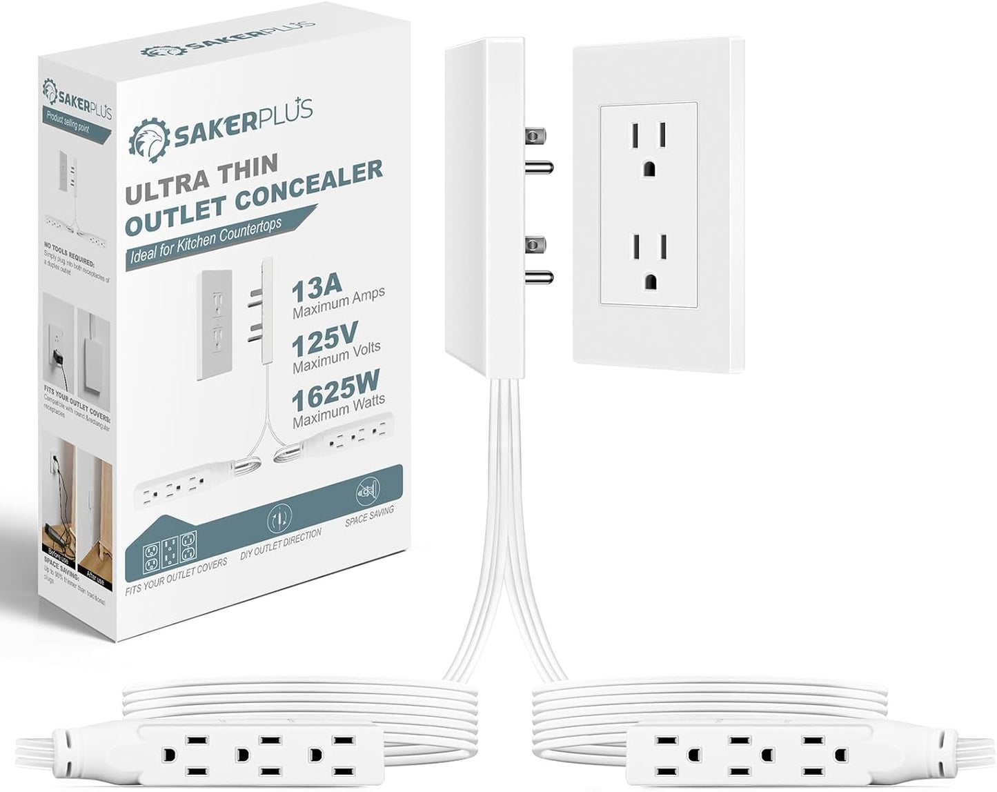Outlet Concealer Power Strip-Outlet Cover Extender with 3AC Outlets-8ft Flat Plug Extension