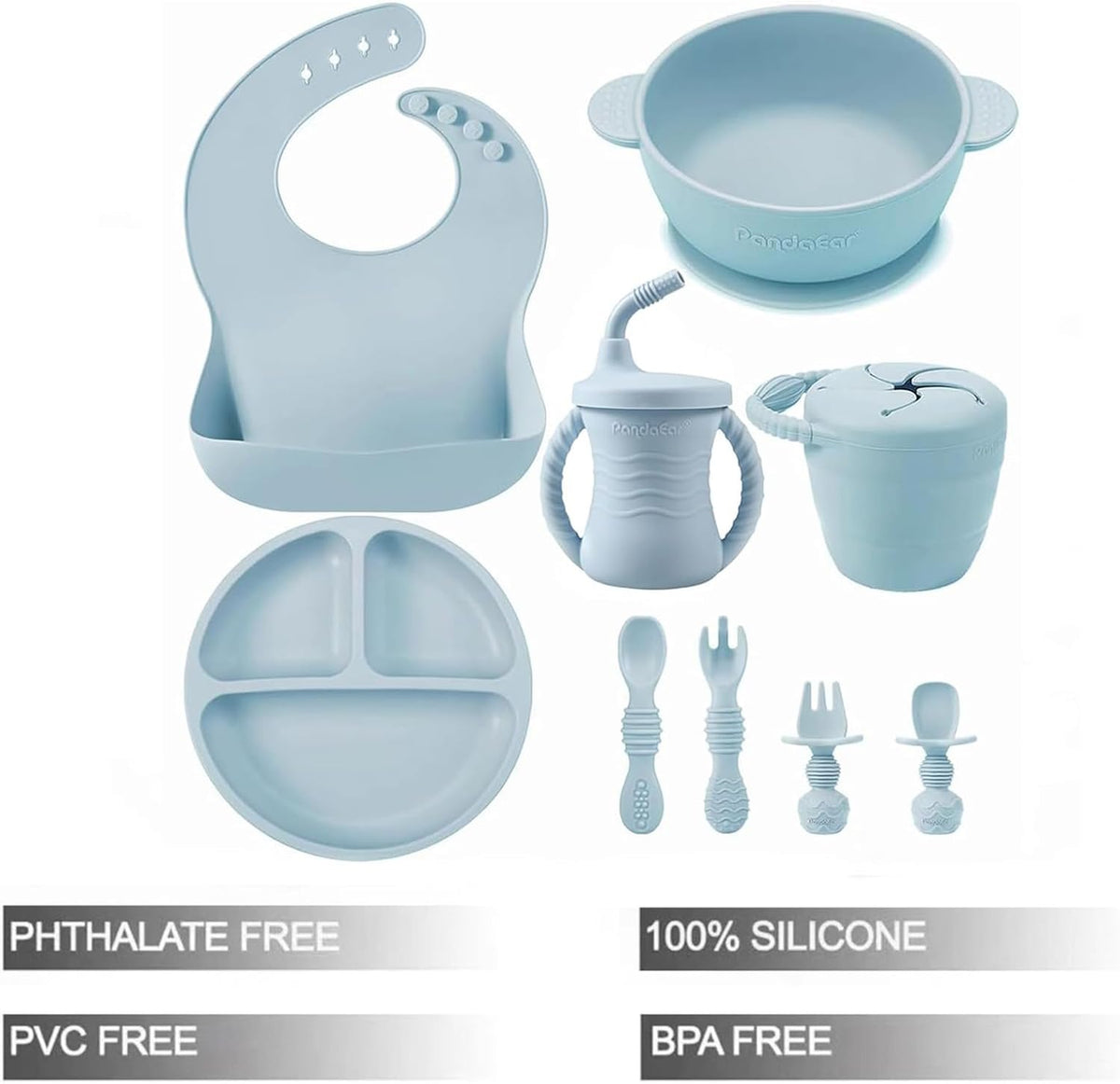 PandaEar Silicone Baby Feeding Set | 9PCS Baby Led Weaning Supplies Self Feeding Utensils | Divided