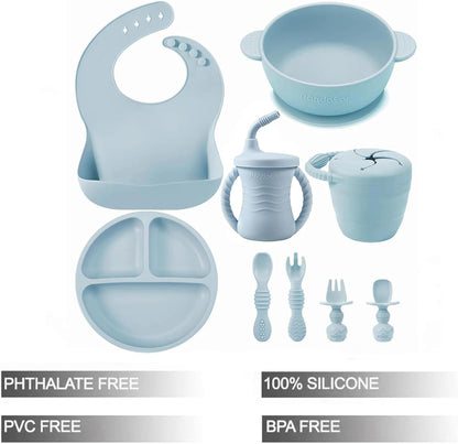 PandaEar Silicone Baby Feeding Set | 9PCS Baby Led Weaning Supplies Self Feeding Utensils | Divided