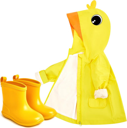 2 Pcs Toddler Raincoat Rain Boots Set Kids Baby Cartoon Hoodie Zipper Jacket Short Rain Shoes for