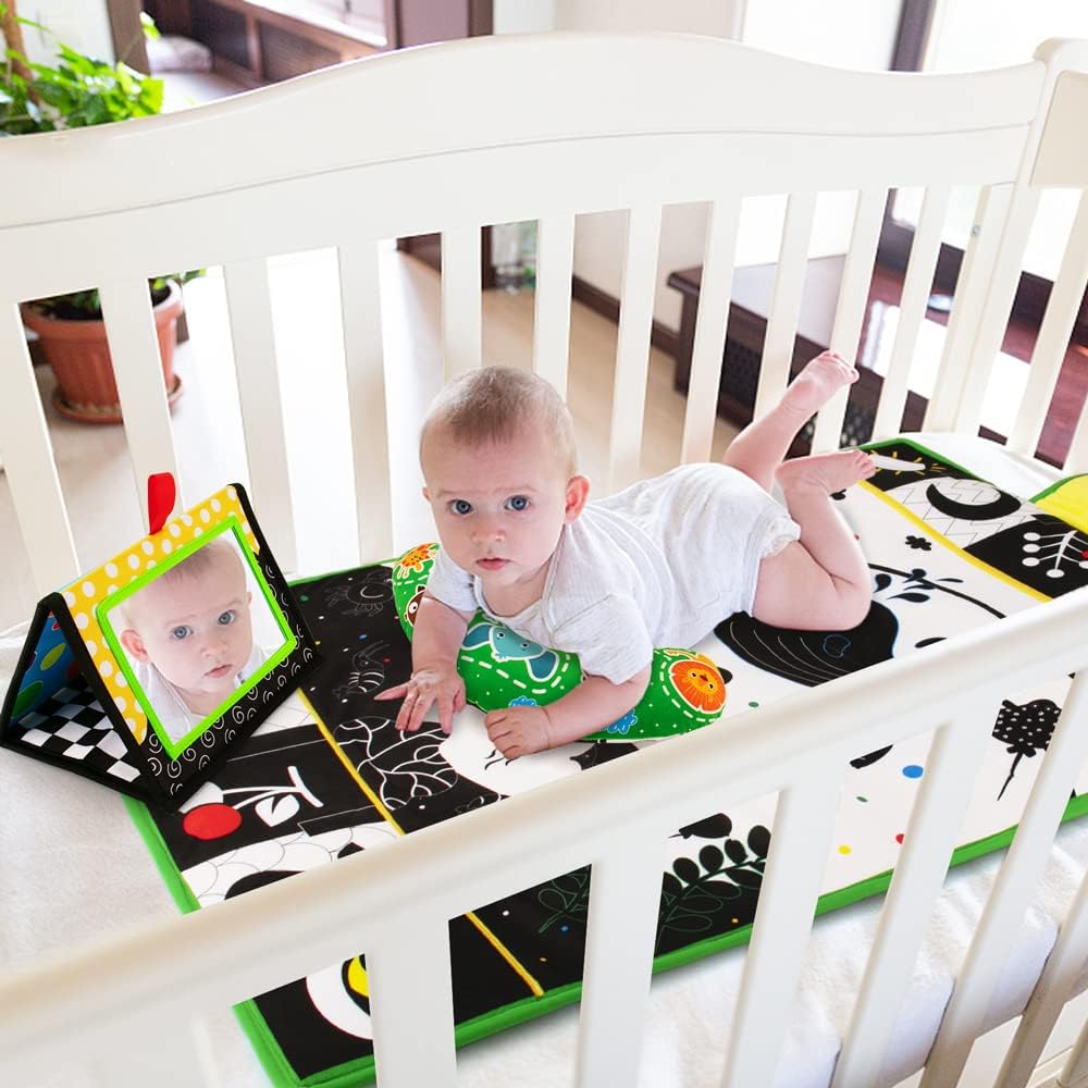 Tummy Time Mirror & Play Mat & Pillow 3-in-1, High Contrast Black and White Baby Toys, Activity Mat