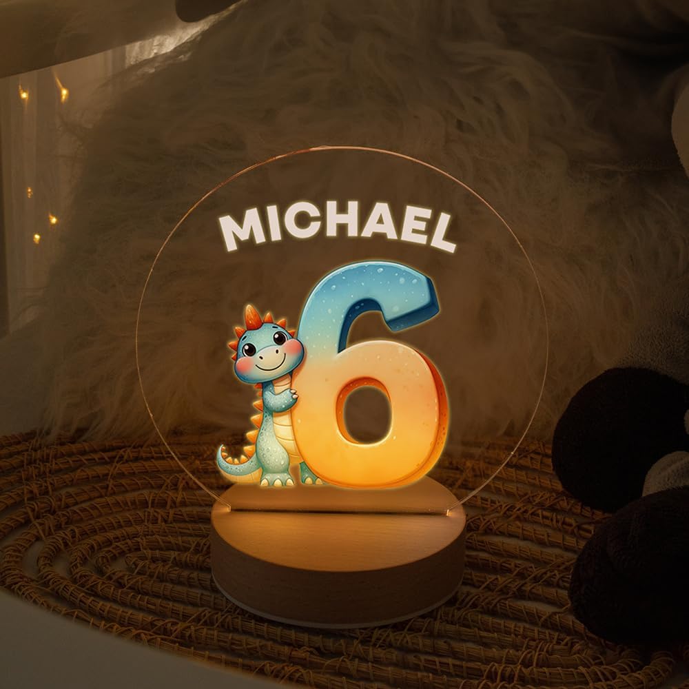 callie Acrylic Night Light Name Plate Personalized, Custom Cute Dinosaur Car with Wooden Base