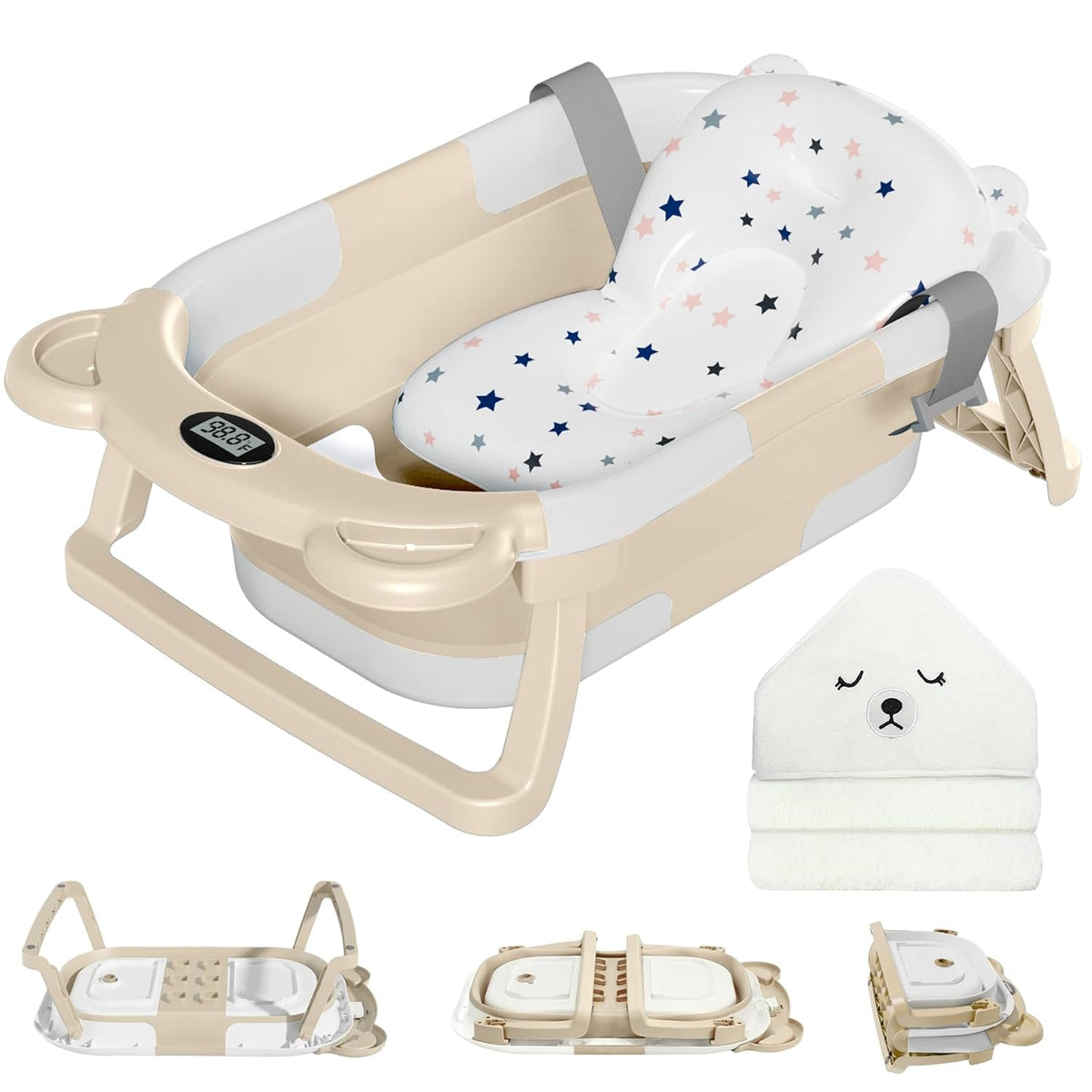 MoreFeel Collapsible Baby Bathtub for Newborn with Thermometer & 1 Hooded Towel & 1 Soft Floating