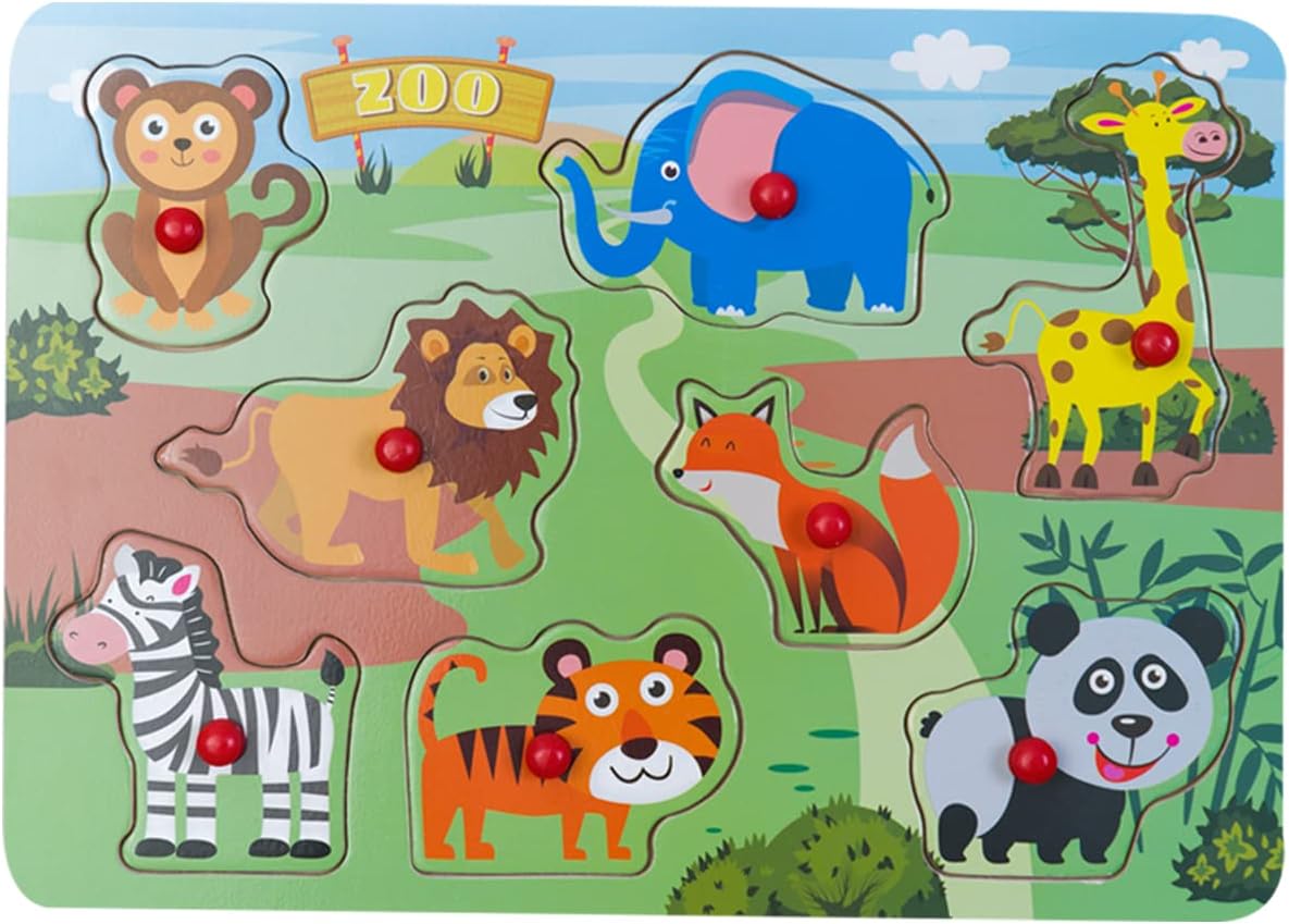 Peg Puzzle Set of 4 (32 pcs), Wooden Knob Puzzles for Toddlers Ages 1-3, Farm Zoo，Forest Animals