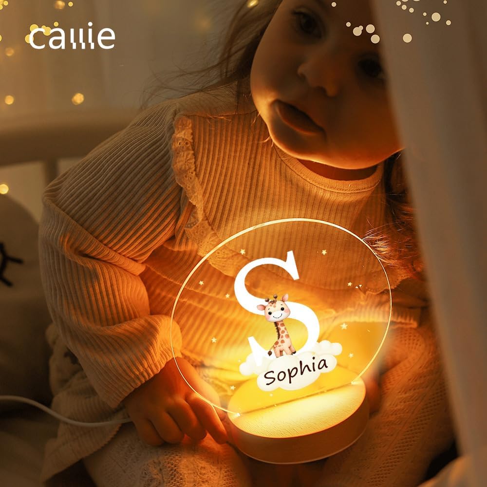 callie Acrylic Night Light Name Plate Personalized, Custom Cute Forest Animals with Wooden Base