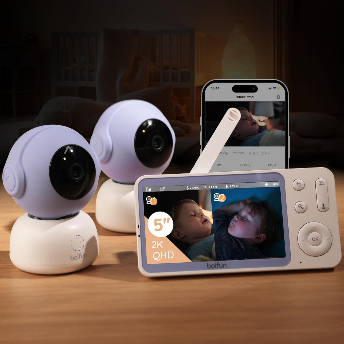 BOIFUN 2K Split-Screen 5 Inch Wi-Fi Baby Monitor with 2 360° Cameras, AI Motion & Sound & Humidity