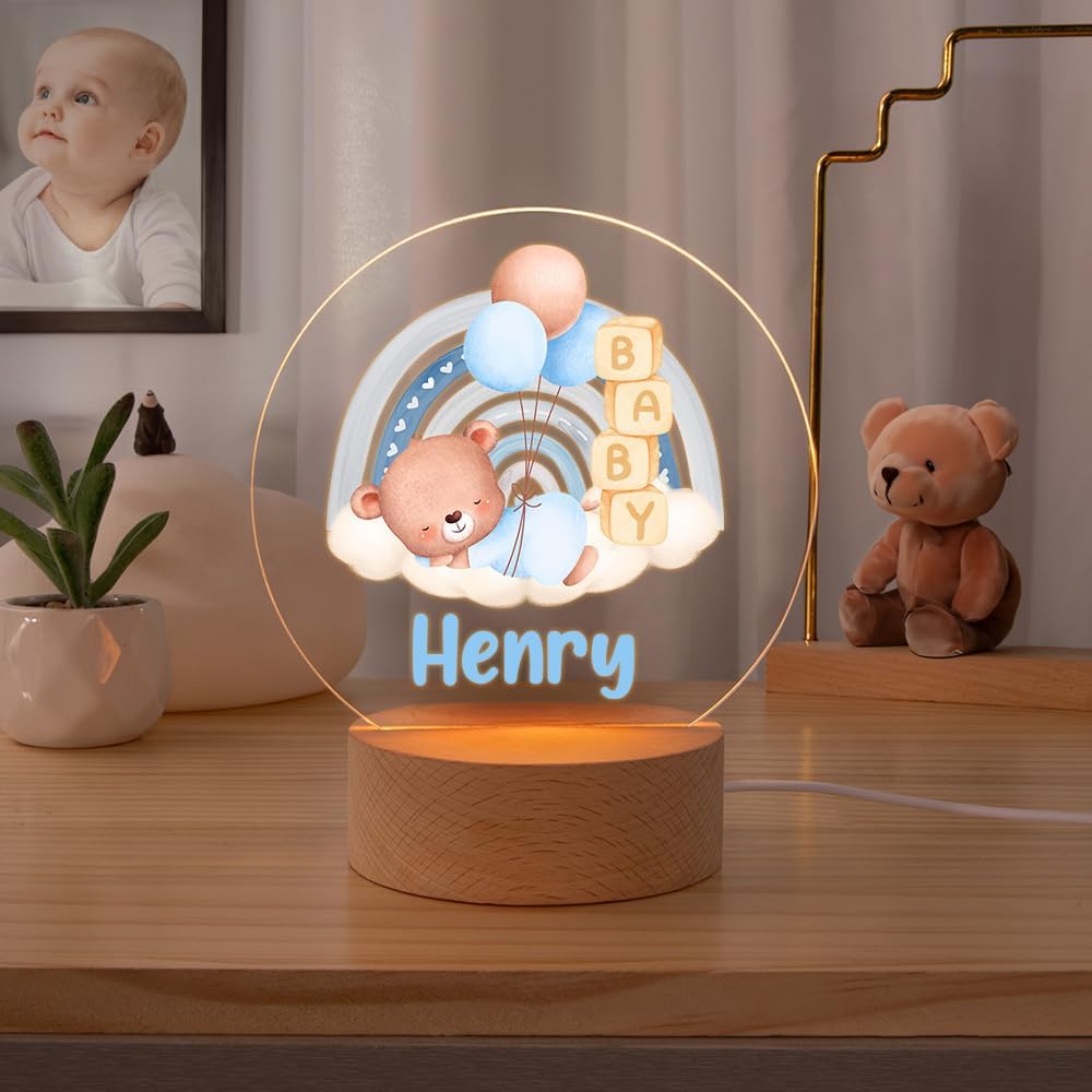callie Acrylic Night Light Name Plate Personalized, Custom Cute Sleep Bear with Wooden Base Bedroom