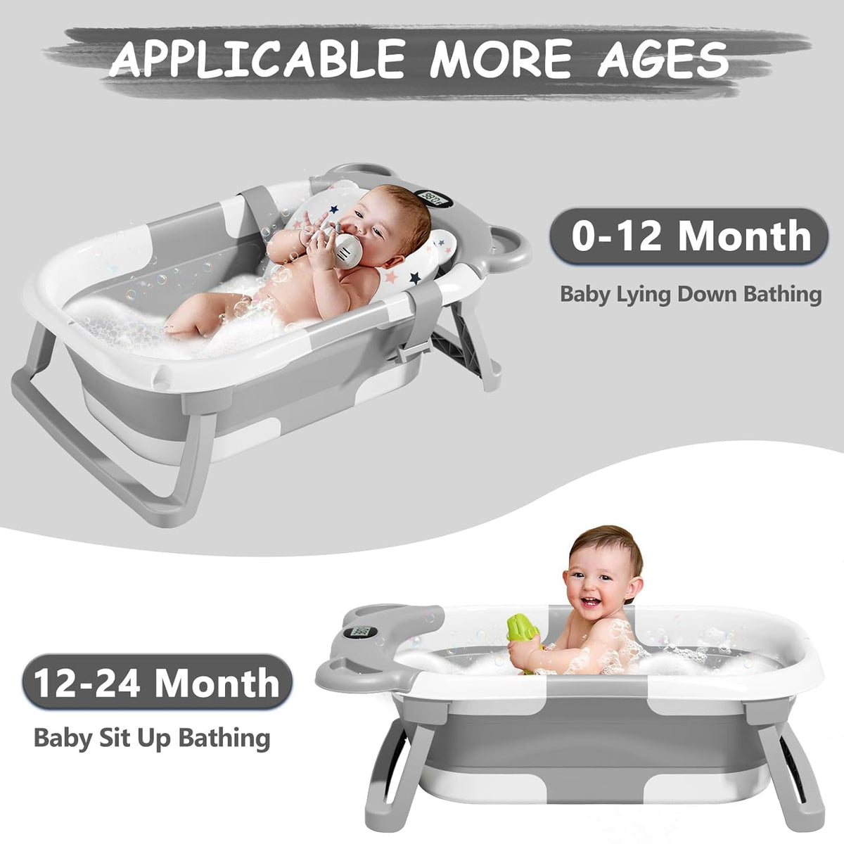 TPN Collapsible Baby Bathtub, Baby Bath Tub with Soft Cushion & Real-Time Thermometer, Baby Bathtub